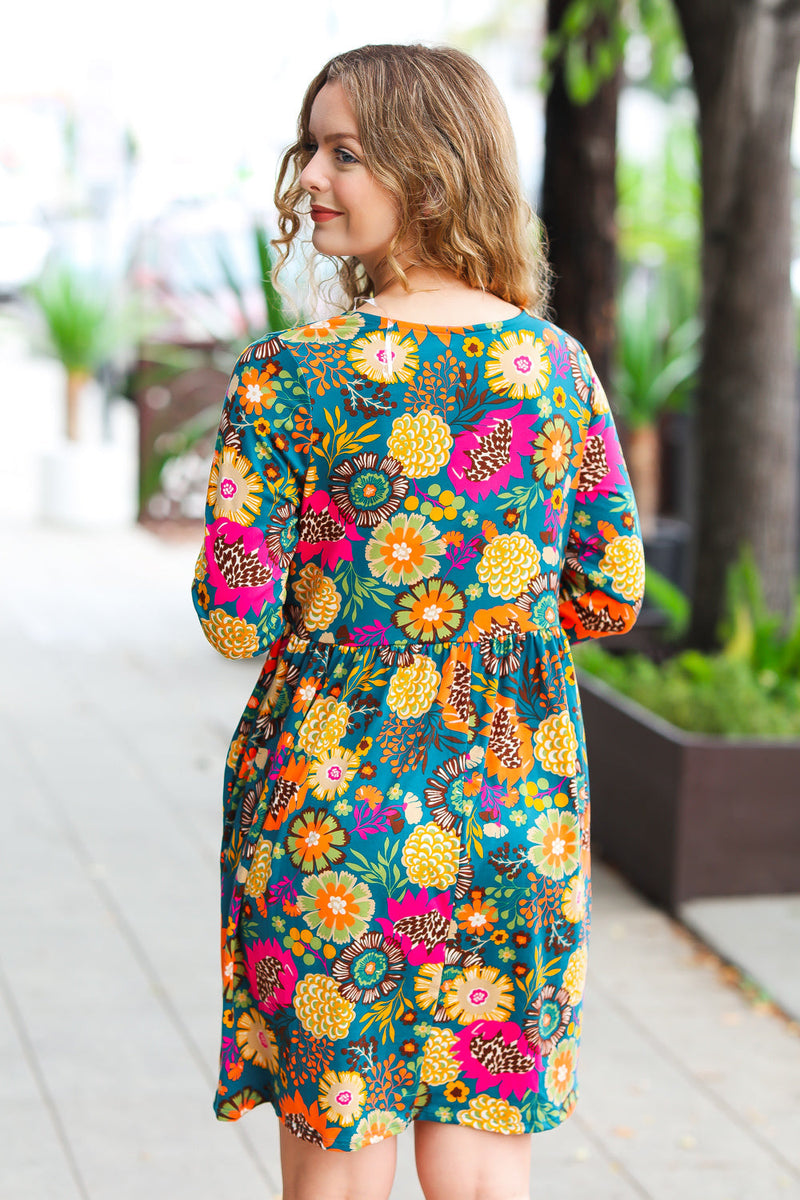 All About It Teal Vibrant Floral Pocketed Dress