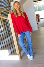 Sweet On You Red Hacci Notched Neck Raglan Top