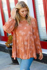 Rust Boho Crinkle Floral Button Back Tiered Top