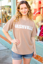 Taupe Pop-Up Embroidered "NASHVILLE" Ribbed Top