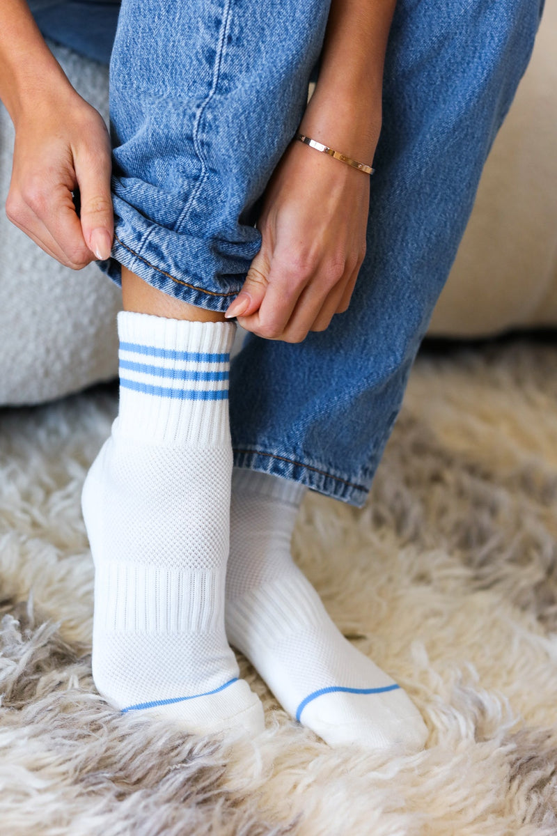 White & Blue Sporty Ankle Socks