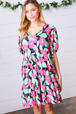 Multicolor Flat Floral Tiered Front Tie Pocketed Dress