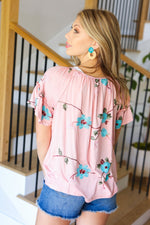 Remember Me Pink Floral Embroidery Flutter Sleeve Top