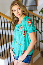 Remember Me Turquoise Floral Embroidery Button Down Top