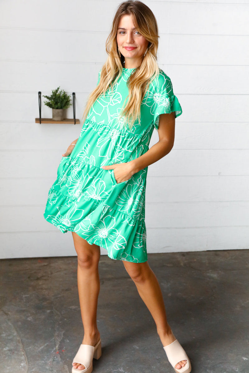 Emerald Green Floral Dolman Sleeve Babydoll Dress