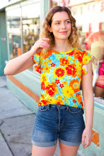 Yellow & Red Floral Flutter Sleeve Top