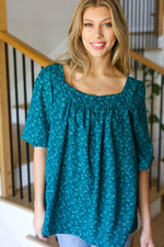 Perfectly You Teal Floral Three Quarter Sleeve Square Neck Top