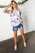 Turquoise & Purple Flat Floral Print Top