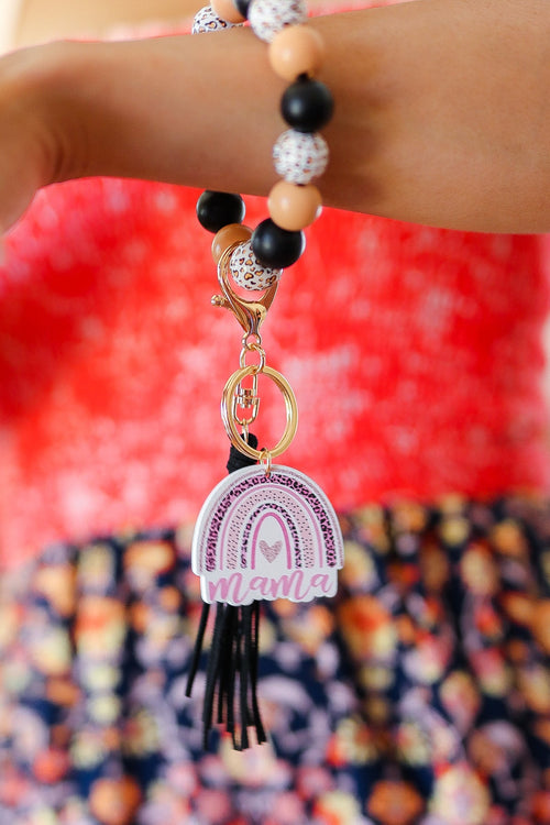Black & Tan "Mama" Bauble Wristlet Tassel Keychain