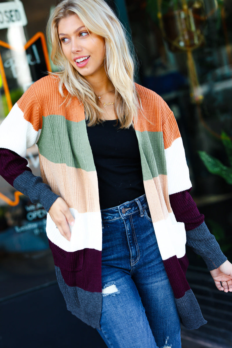 Perfectly You Plum & Olive Color Block Open Cardigan