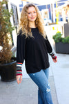 Dream On Black Multicolor Stripe Banded Puff Sleeve Top