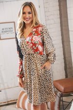 Cheetah Multi-Floral Color Block Surplice Dress