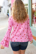 Make You Smile Pink Stripe & Cherries Bell Sleeve Top