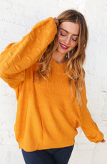 Mustard V Neck Chunky Textured Bubble Sleeve Sweater
