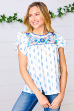Azure Blue Aztec & Embroidered Ruffle Top