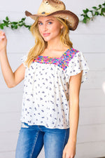 Navy Floral Multicolor Embroidered Square Neck Top
