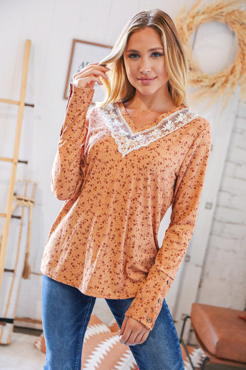 Rib Floral V Neck Lace Panel Top