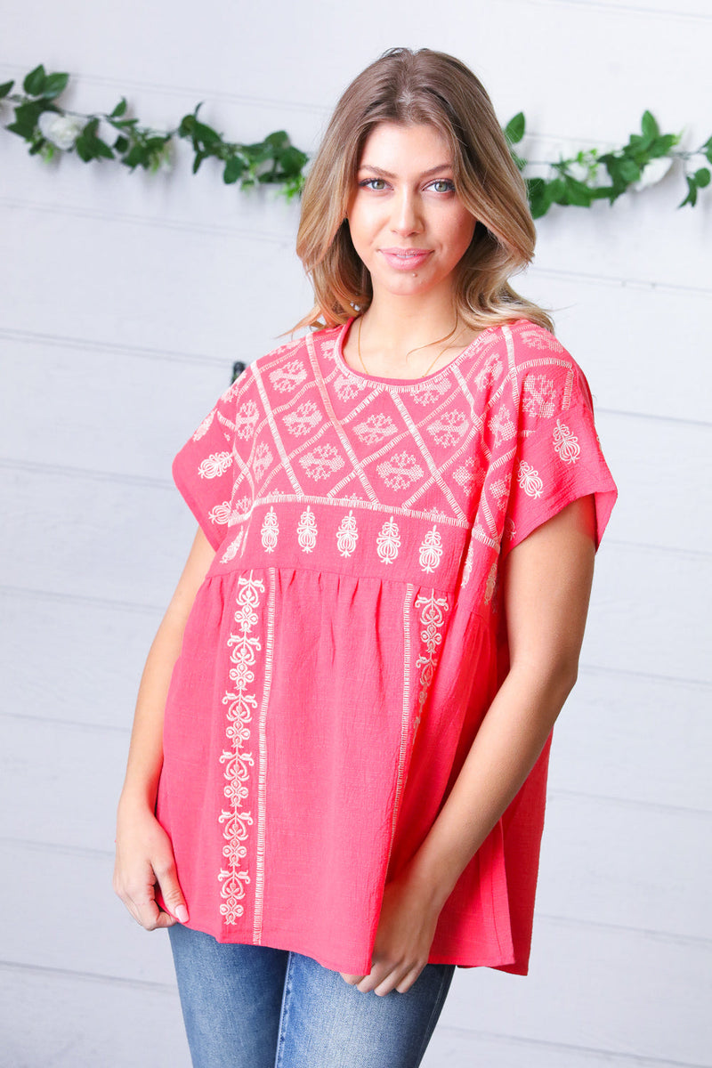 Coral Boho Embroidered Dolman Top