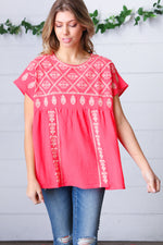 Coral Boho Embroidered Dolman Top