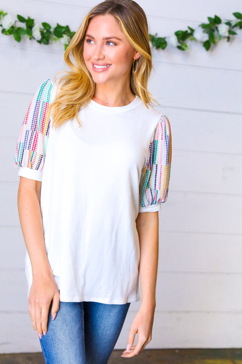 Ivory Multicolor Vertical Stripe Puff Sleeve Top