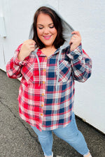 Face the Day Red/Navy Plaid Color Block Hoodie Shacket