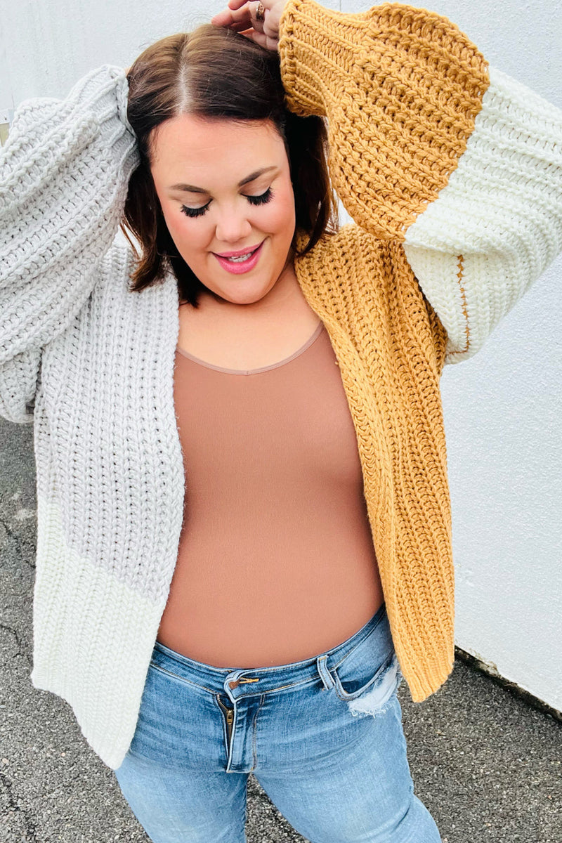 Face The Day Camel Color Block Chunky Knit Cardigan