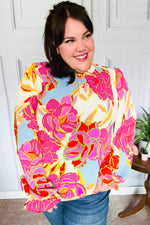 Let's Meet Later Fuchsia & Blue Floral Frill Neck Top
