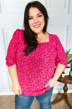 Perfectly You Fuchsia Floral Three Quarter Sleeve Square Neck Top