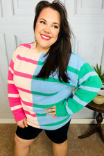 Perfectly Poised Blush & Blue Stripe Color Block Knit Sweater