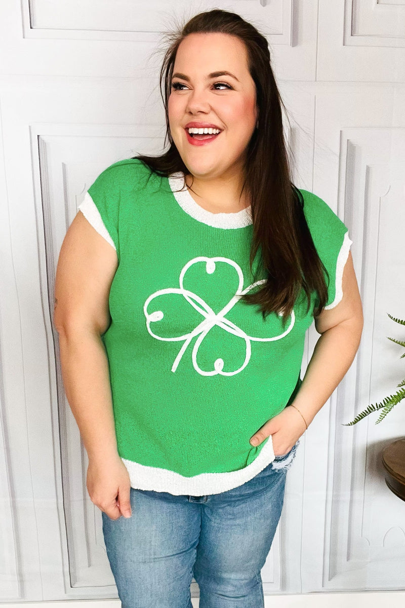 Lucky Kelly Green Embroidered Clover Short Sleeve Dolman Sweater