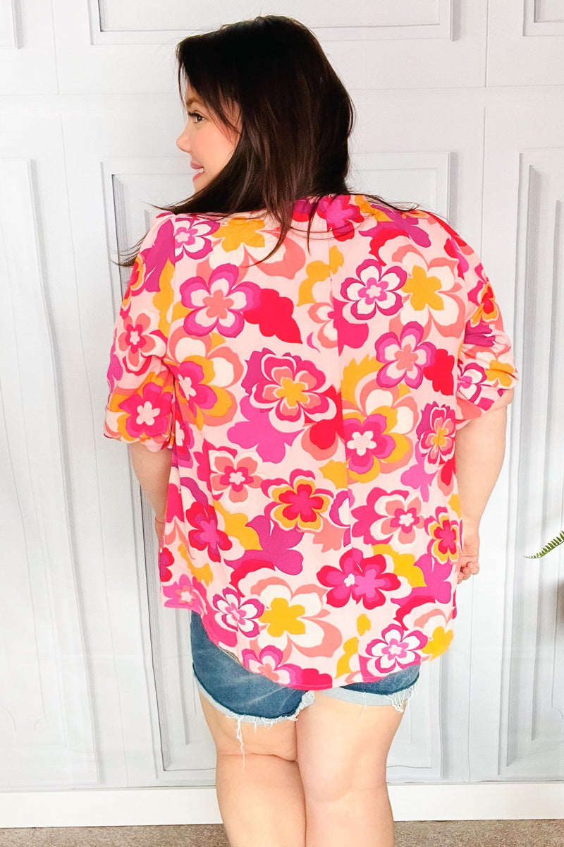 All That You Need Pink Floral Puff Sleeve V Neck Top