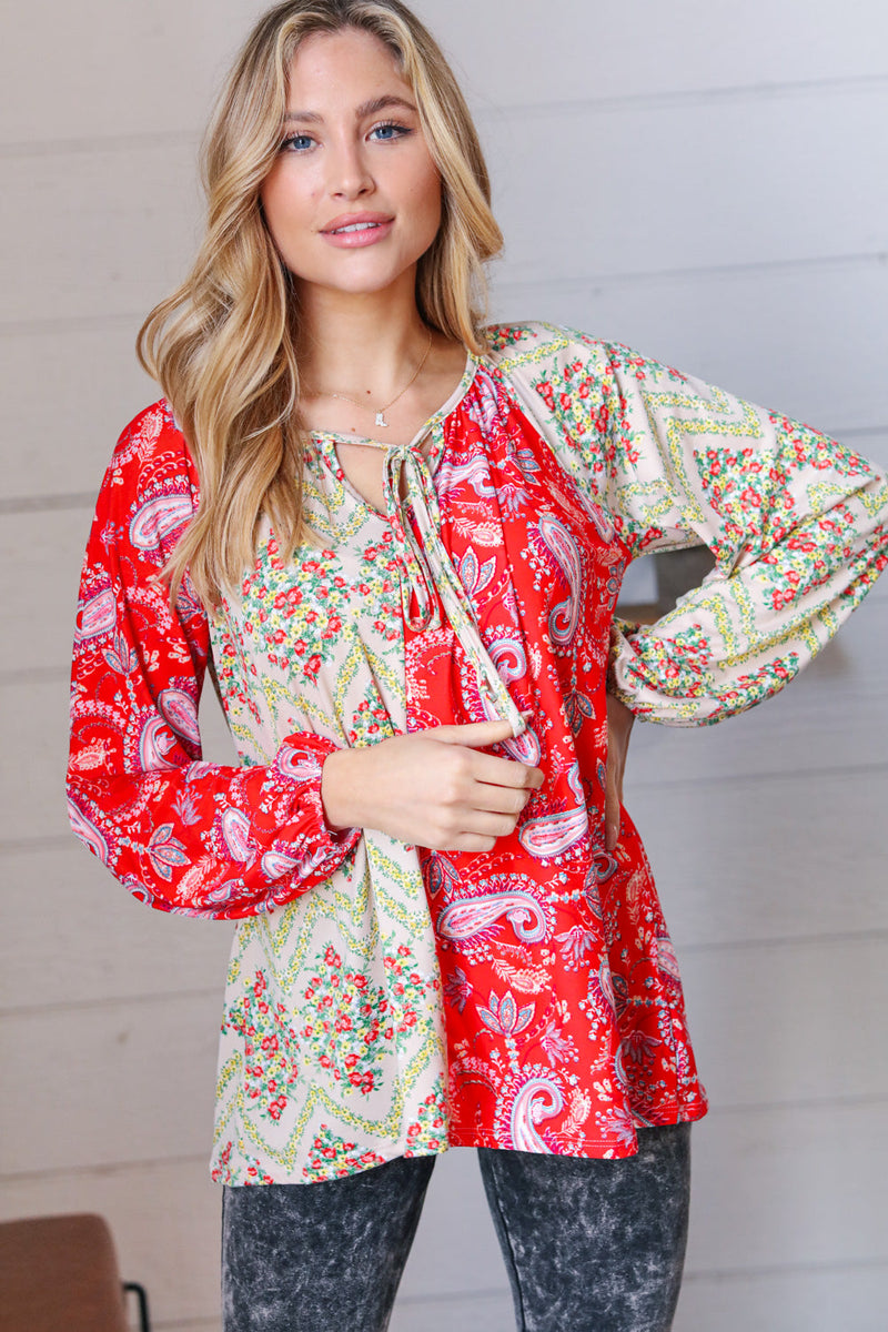 Scarlet Paisley and Floral Chevron Bubble Sleeve Top