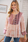 Berry Ethnic Floral Front Beaded Tie Peasant Woven Blouse