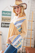 Mustard Ethnic Stripe Two Tone Bell Sleeve Knit Top