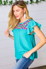 Turquoise Floral Embroidered Ruffle Sleeve Top