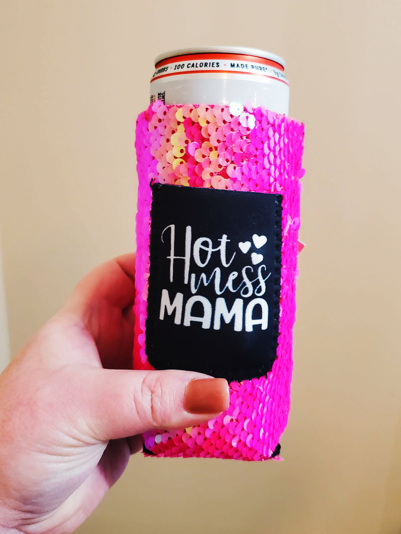 Hot Mess Momma Sequin Can Cooler