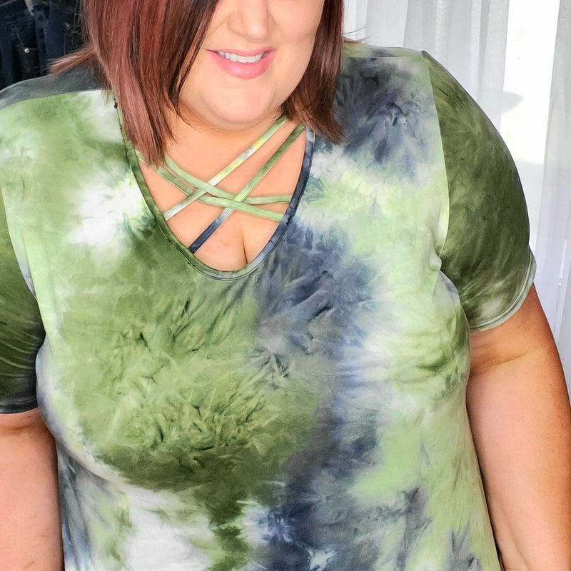 Green Short Sleeve Strappy Tie Dye Top - Small to 3x!-TCB