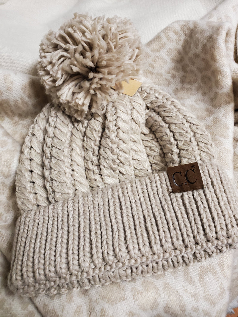 C.C. Taupe Twisted Mock Cable Beanie with Pom Pom