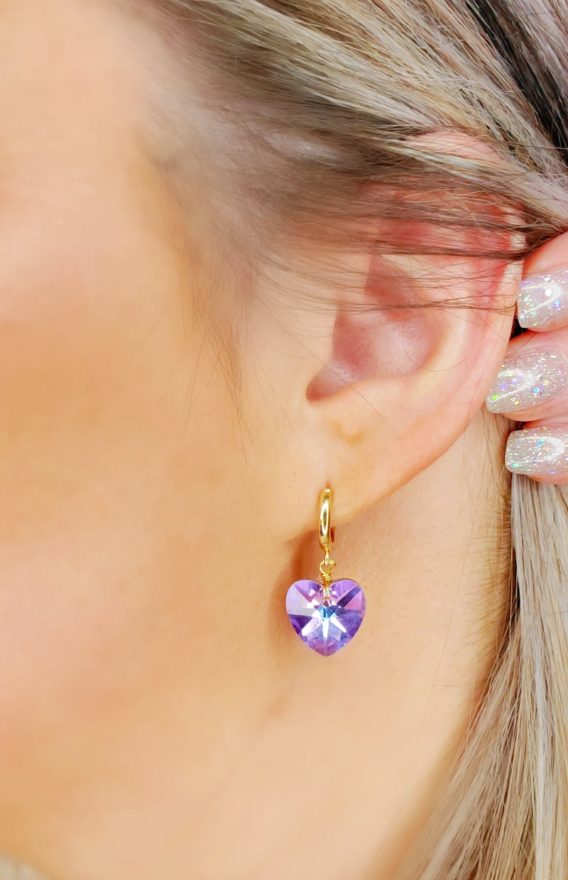 900 - Crystal Heart Hoop Earrings Clear & Purple