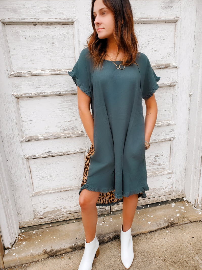 951 - Teal and Leopard Spring Dress - Small to 2x