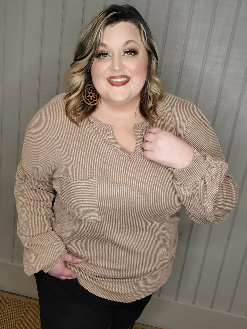 1813 - Taupe Rib Round Neck V-Cut Top - XL to 2XL