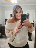 1091 - Taupe Coral and Mint Tie Dye Color Block Top