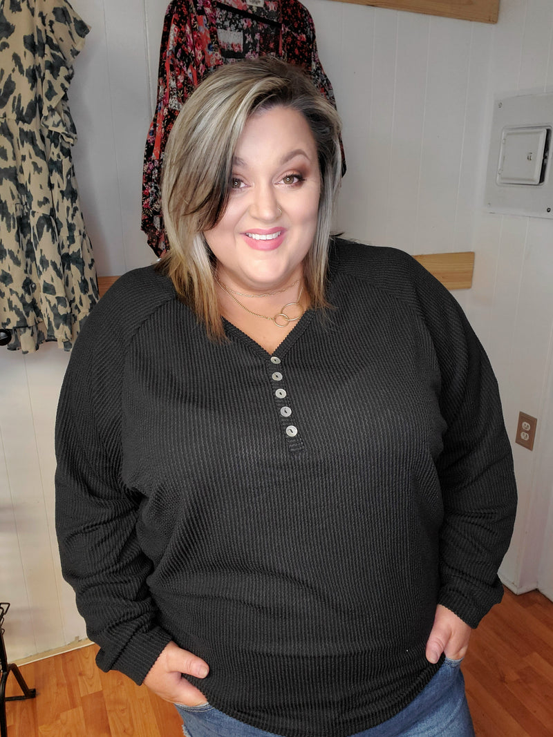 1386 - Fall Feels - Trendy Plus Size Textured Rib Button Front Pullover Top - Black