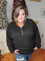 1386 - Fall Feels - Trendy Plus Size Textured Rib Button Front Pullover Top - Black