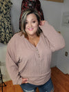1387 - Fall Feels - Trendy Plus Size Textured Rib Button Front Pullover Top -Taupe