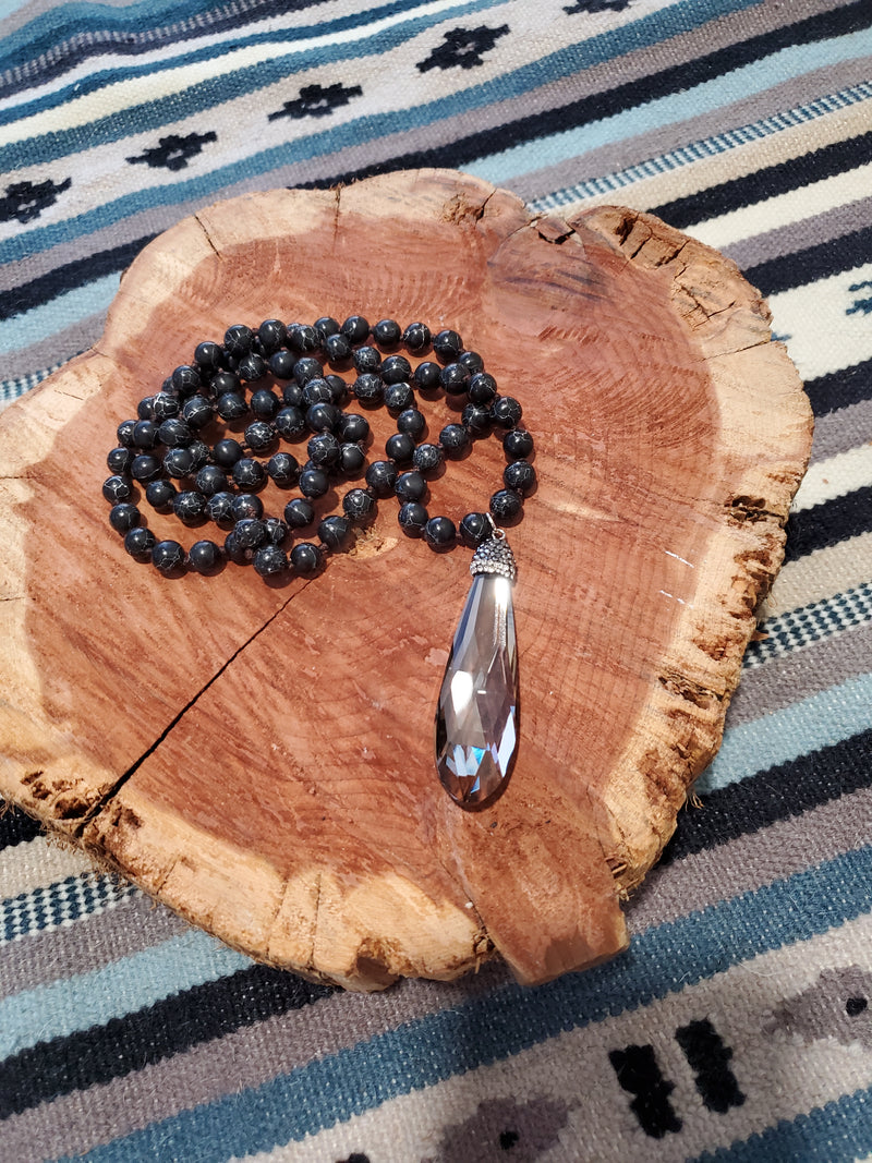1368 - The Stockyards - Diva - 36 Inch Natural Bead with Crystal Pendant - Ebony Natural Bead with Gunmetal Crystal Pendant