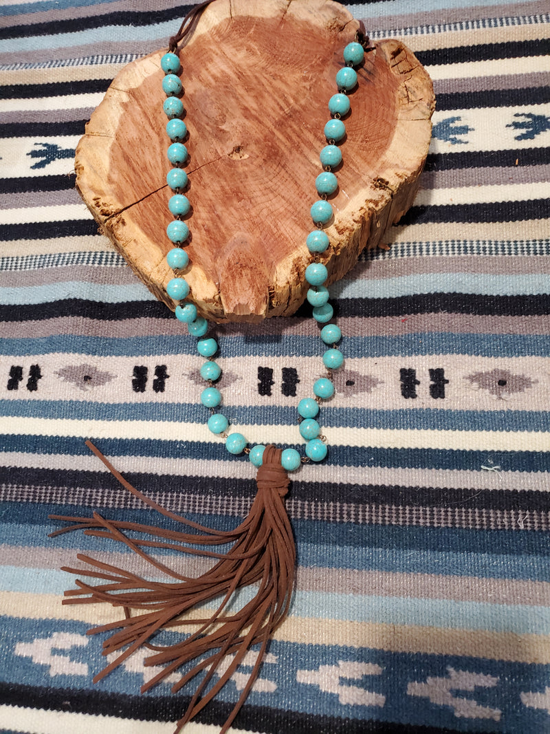 1376 - The Stockyards - Delta Dawn - Turquoise/White Natural Stone Necklace with Leather Fringe