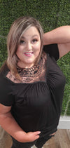 Black Lace Trim Accent Short Sleeve Blouse - Small to 3x