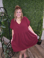 1362 - Haley - Trendy Plus Size Burgundy Babydoll Dress