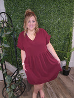 1362 - Haley - Trendy Plus Size Burgundy Babydoll Dress